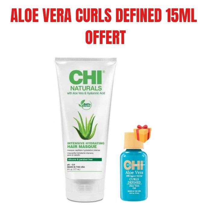 CHI OFFRE NATURALS ALOE VERA ET HYALURONIQUE ACIDE MASQUE HYDRATANT INTENSE 177 ML ++ ALOE VERA CURLS DEFINED 15 ML OFFERT