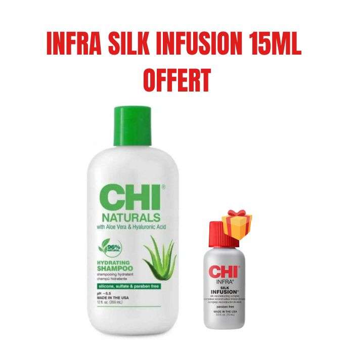 CHI OFFRE NATURALS ALOE VERA ET HYALURONIQUE ACIDE SHAMPOOING HYDRATANT 355 ML + INFRA SILK INFUSION 15 ML OFFERT