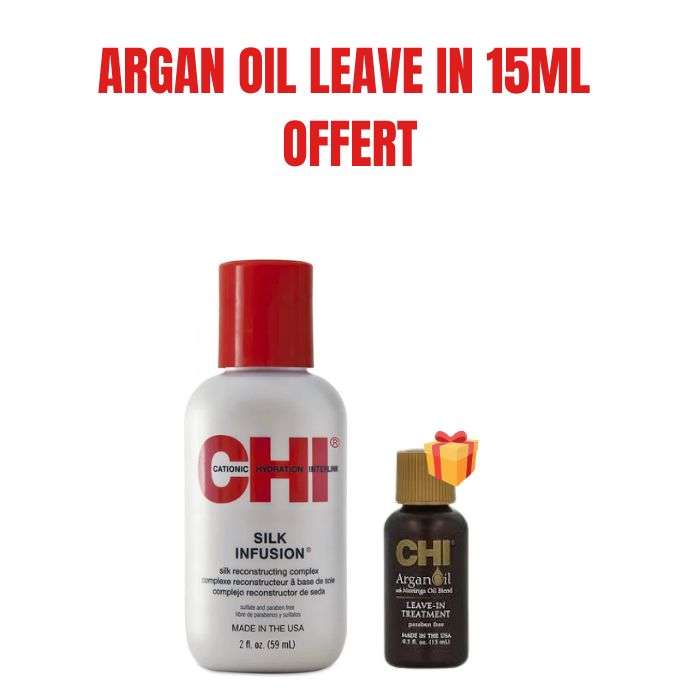 CHI OFFRE SILK INFUSION COMPLEXE RECONSTRUCTEUR 59 ML + ARGAN OIL LEAVE IN TREATMENT 15 ML OFFERT