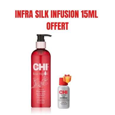 CHI OFFREROSE HIP OIL SHAMPOOING PROTECTEUR 340 ML + INFRA SILK INFUSION 15 ML OFFERT