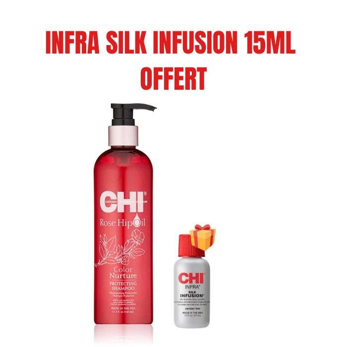 CHI OFFREROSE HIP OIL SHAMPOOING PROTECTEUR 340 ML + INFRA SILK INFUSION 15 ML OFFERT