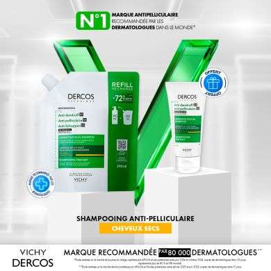 VICHY DERCOS ANTI PELLICULAIRE SHAMPOING CHEVEUX GRAS RECHARGE 390 ML + SHAMPOOING TRAITANT CHEUVEUX SEC 50ML OFFERT