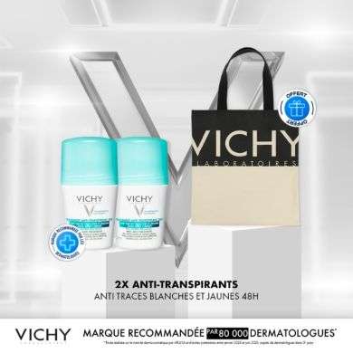 VICHY OFFRE 2 DEODORANTS ANTI TRACES BLANCHES ET JAUNES + SAC VICHY OFFERT