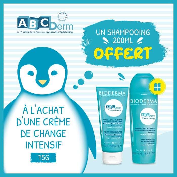 BIODERMA OFFRE ABCDERM CHANGE INTENSIF PATE A L'EAU REPARATRICE 75G + SHAMPOOING 200 ML OFFERT