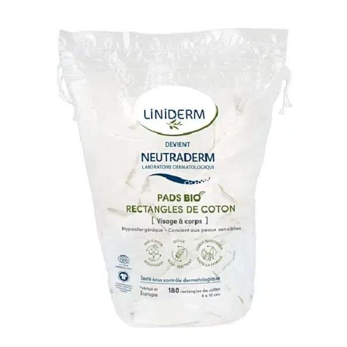 GILBERT NEUTADERM RECTANGLES DE COTON PADS BIO BEBE SACHET DE 180 UNITES