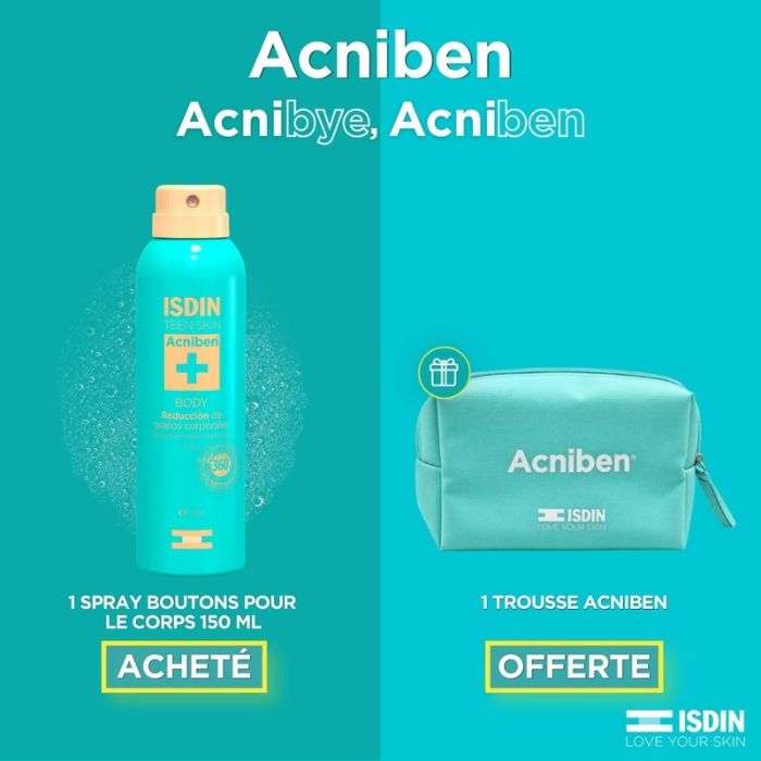 ISDIN OFFRE TEEN SKIN ACNIBEN + SPRAY BOUTONS DU CORPS 150 ML + TROUSSE ACNIBEN OFFERTE