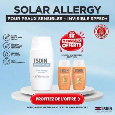 ISDIN OFFRE ECRAN SOLAIRE 100 SOLAR ALLERGY PROTECT SPF 50+ 50 ML + + 2 FUSION WATER MAGIC GLOW 10 ML OFFERTS