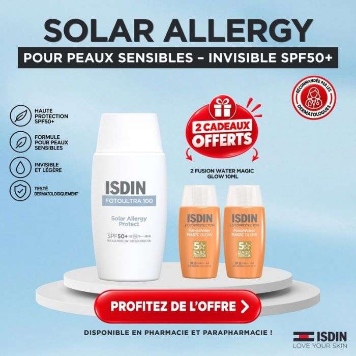 ISDIN OFFRE ECRAN SOLAIRE 100 SOLAR ALLERGY PROTECT SPF 50+ 50 ML + + 2 FUSION WATER MAGIC GLOW 10 ML OFFERTS