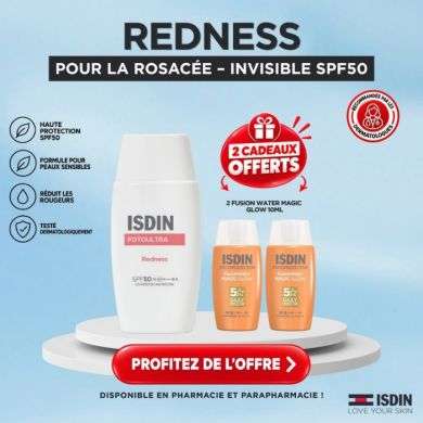 ISDIN OFFRE ECRAN SOLAIRE FOTOULTRA REDNESS SPF 50+ 50 ML + 2 FUSION WATER MAGIC GLOW 10 ML OFFERTS