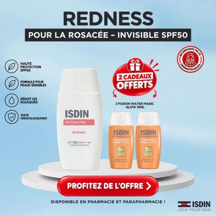 ISDIN OFFRE ECRAN SOLAIRE FOTOULTRA REDNESS SPF 50+ 50 ML + 2 FUSION WATER MAGIC GLOW 10 ML OFFERTS