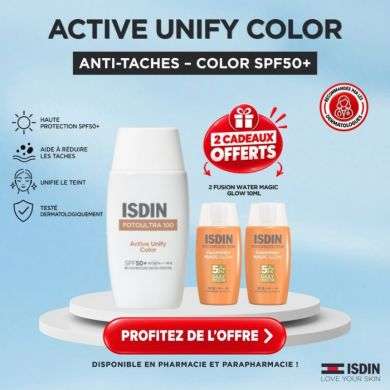 ISDIN OFFRE FOTOULTRA 100 ISDIN ACTIVE UNIFY COLOR FUSION FLUID SPF50+ 50 ML + 2 FUSION WATER MAGIC GLOW 10 ML OFFERTS