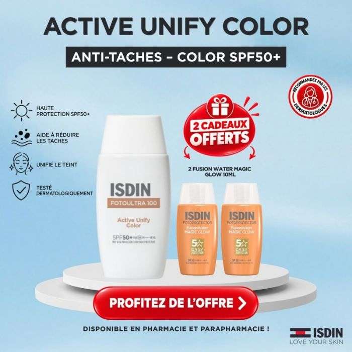 ISDIN OFFRE FOTOULTRA 100 ISDIN ACTIVE UNIFY COLOR FUSION FLUID SPF50+ 50 ML + 2 FUSION WATER MAGIC GLOW 10 ML OFFERTS