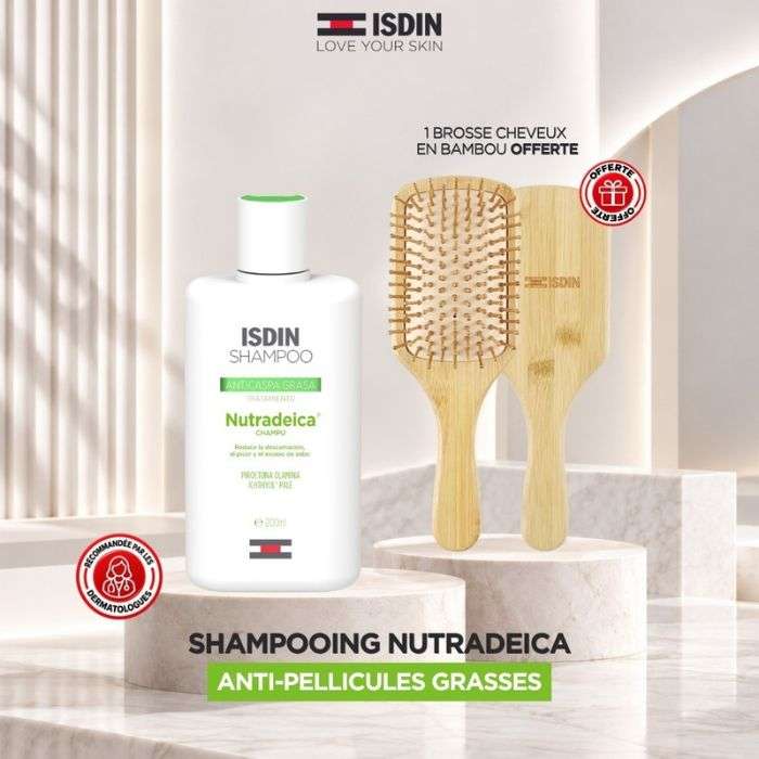ISDIN OFFRE NUTRADEICA SHAMPOING PELLICULE GRASSE 200 ML + BROSSE EN BAMBOU OFFERTE