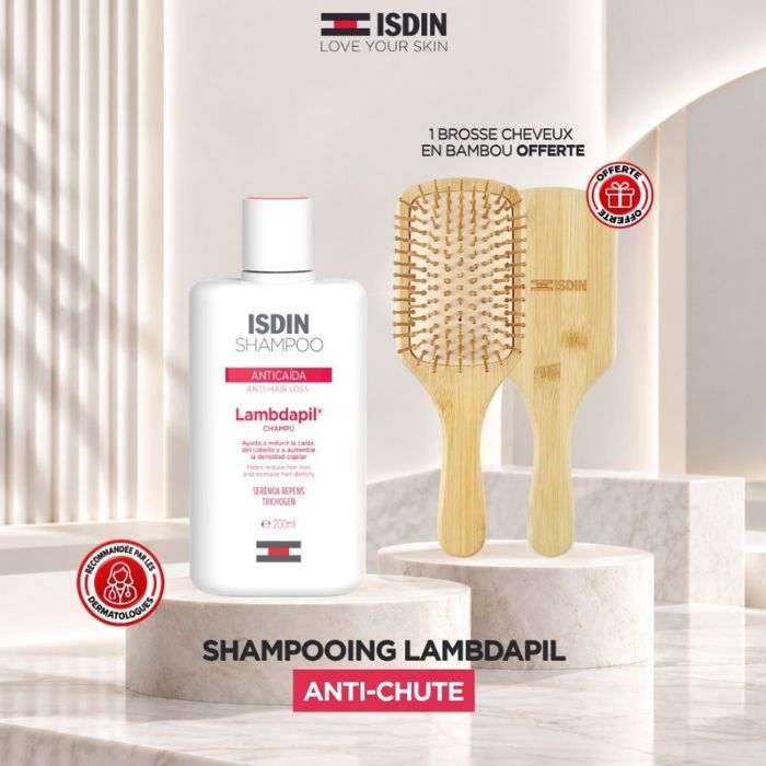 ISDIN OFFRE LAMBDAPIL SHAMPOING ANTI CHUTE 200 ML + BROSSE EN BAMBOU OFFERTE