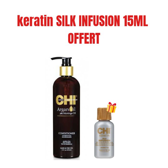 CHI OFFRE ARGAN OIL ET MORINGA APRES SHAMPOOING 340 ML + KERATIN SILK INFUSION 15 ML OFFERT