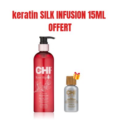 CHI OFFREROSE HIP OIL SHAMPOOING PROTECTEUR 340 ML + KERATIN SILK INFUSION 15 ML OFFERT