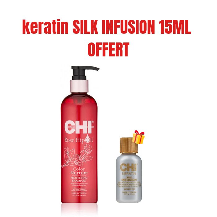 CHI OFFREROSE HIP OIL SHAMPOOING PROTECTEUR 340 ML + KERATIN SILK INFUSION 15 ML OFFERT