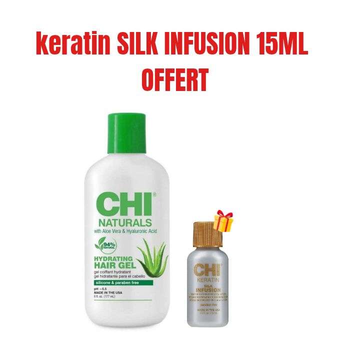 CHI OFFRE NATURALS ALOE VERA ET HYALURONIQUE ACIDE GEL HYDRATANT 177 ML + KERATIN SILK INFUSION 15 ML OFFERT