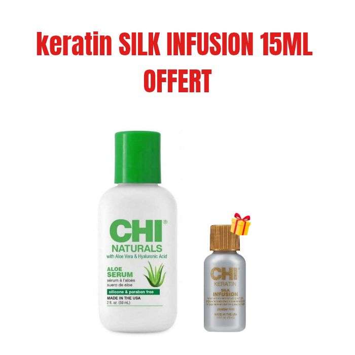 CHI OFFRE NATURALS ALOE VERA ET HYALURONIQUE ACIDE SERUM 59 ML + KERATIN SILK INFUSION 15 ML OFFERT