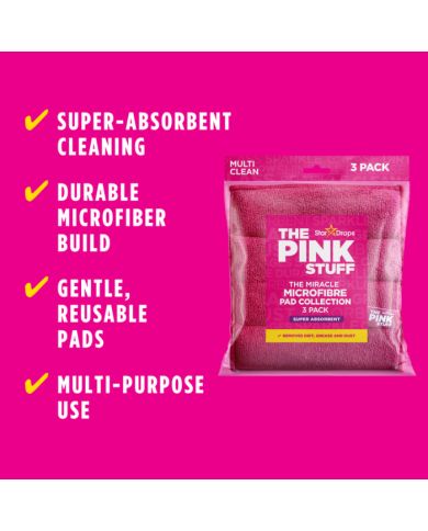 THE PINK STUFF THE MIRACLE MICROFIBRE PAD COLLECTION 3 PACK SUPER ABSORBENT