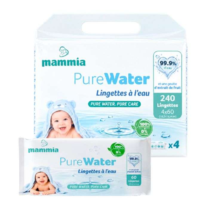 MAMMIA PURE WATER LINGETTES BEBE PACK DE 4 PAQUETS DE 60 LINGETTES
