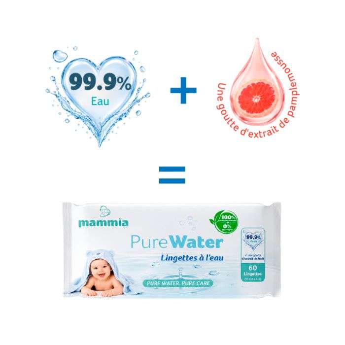 MAMMIA PURE WATER LINGETTES BEBE PACK DE 4 PAQUETS DE 60 LINGETTES