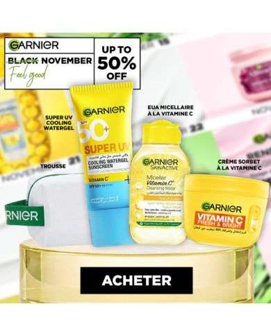 GARNIER OFFRE BLACK FRIDAY PACK SUPER UV COOLING WATERGEL + EAU MICELLAIRE VITA C + CREME SORBET VITA C + TROUSSE OFFERTE