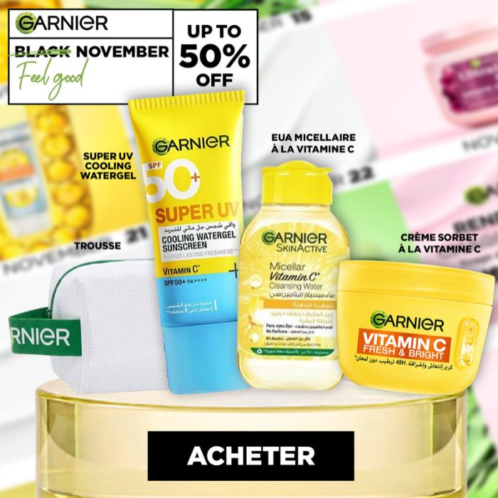 GARNIER OFFRE BLACK FRIDAY PACK SUPER UV COOLING WATERGEL + EAU MICELLAIRE VITA C + CREME SORBET VITA C + TROUSSE OFFERTE