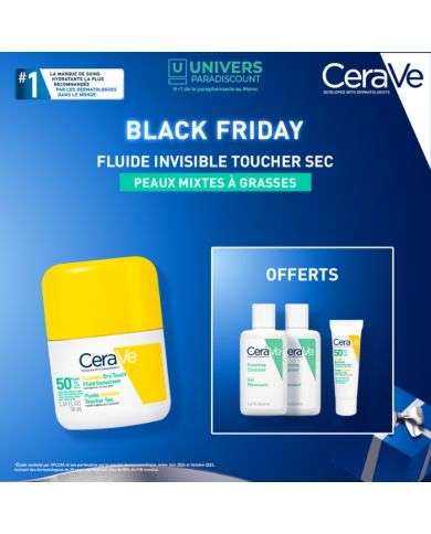 CERAVE OFFRE BALCK FRIDAY ECRAN SOLAIRE SPF 50 FLUIDE INVISIBLE TOUCHER SEC 50 ML + 3 FORMATS VOYAGE OFFERTS