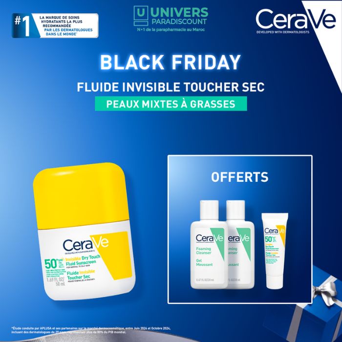 CERAVE OFFRE BALCK FRIDAY ECRAN SOLAIRE SPF 50 FLUIDE INVISIBLE TOUCHER SEC 50 ML + 3 FORMATS VOYAGE OFFERTS