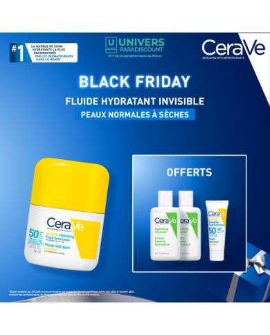 CERAVE OFFRE BLACK FRIDAY ECRAN SOLAIRE SPF 50 FLUIDE INVISIBLE HYDRANTANT 50 ML + 3 FORMATS VOYAGE OFFERTS