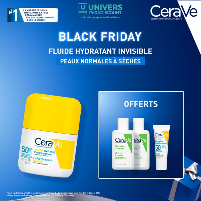 CERAVE OFFRE BLACK FRIDAY ECRAN SOLAIRE SPF 50 FLUIDE INVISIBLE HYDRANTANT 50 ML + 3 FORMATS VOYAGE OFFERTS