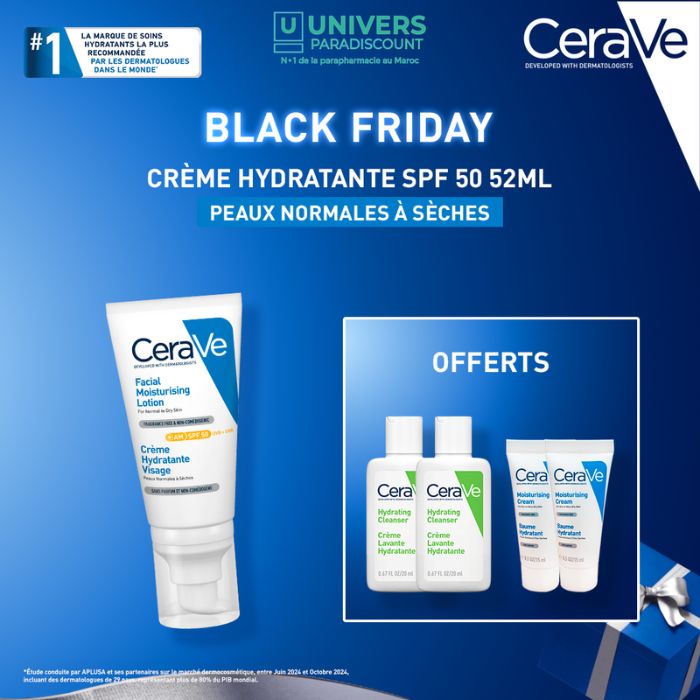 CERAVE OFFRE BLACK FRIDAY CREME HYDRATANTE VISAGE SPF 50 52 ML + 4 FORMATS VOYAGE OFFERTS